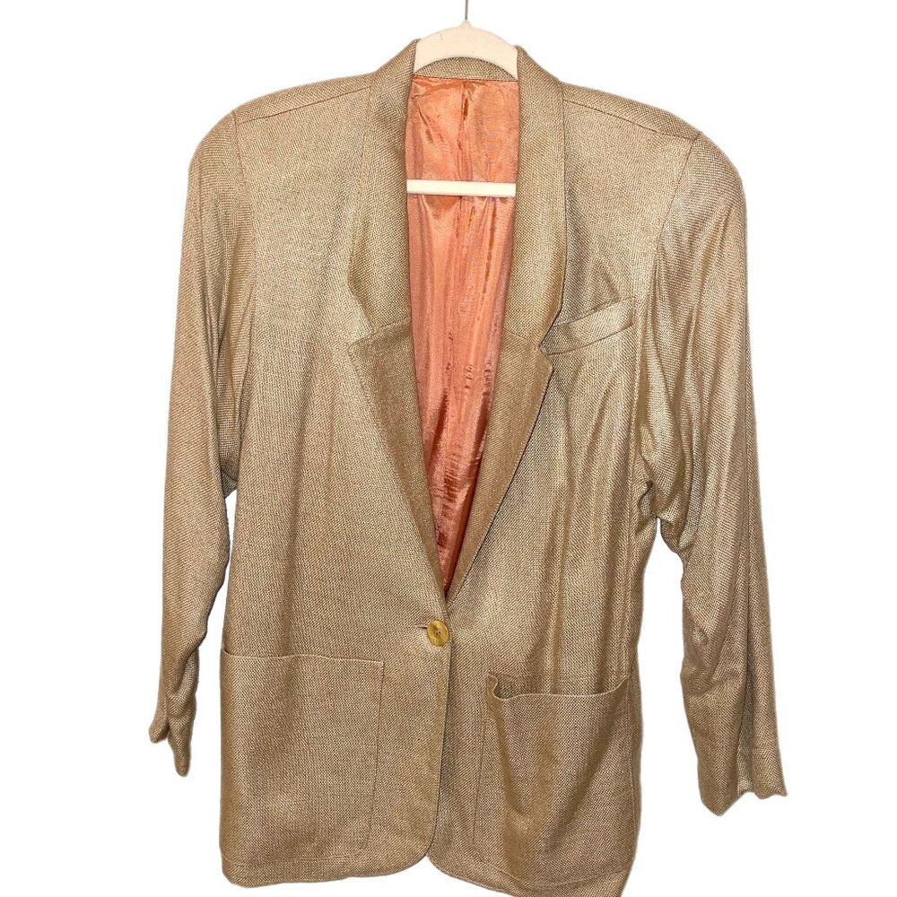 Vintage KGR Oversized Boyfriend Blazer Tan Silky Linen Blend Size 4